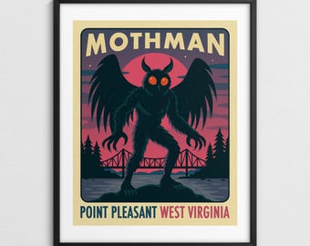 MOTHMAN, plakat podróżniczy z motywem paranormalnym i kryptydą z Wirginii Zachodniej (wydruk artystyczny giclée)