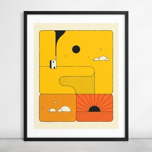 ORANGE SUNSET (Giclée Fine Art Druck auf Papier oder Leinwand) Einfache minimalistische Sonnenuntergang Illustration von Jazzberry Blue (Gerahmt oder Ungerahmt)