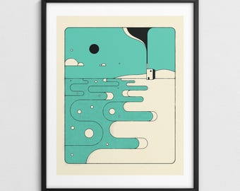 BLUE RIVER, Simple Minimalist Geometric Landscape (Giclée Fine Art Print)