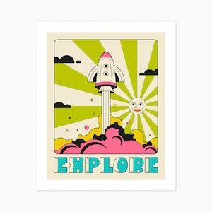 EXPLORE (Giclée Fine Art Print) Space Travel Pop Art (8x10 12x16 16x20 18x24 24x32 A1 A2 A3 A4) Rolled, Stretched or Framed