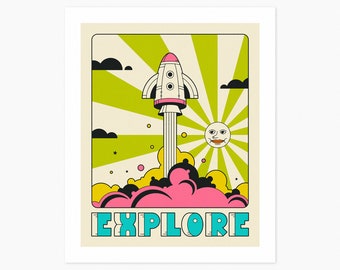 EXPLORE (Giclée Fine Art Print) Space Travel Pop Art (8x10 12x16 16x20 18x24 24x32 A1 A2 A3 A4) Rolled, Stretched or Framed