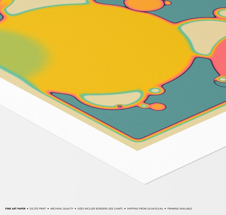 The image is a vibrant abstract artwork featuring a large yellow circle surrounded by smaller circles in various colors, including shades of orange, pink, and blue. The artwork has a unique, fluid, and dynamic appearance, with the colors blending and interacting with each other.