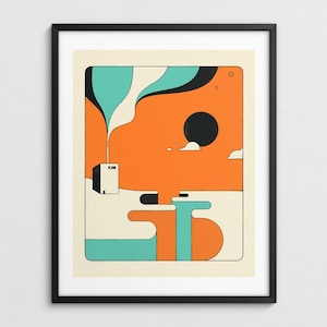 The image is a framed abstract art piece featuring a colorful, geometric design with various shapes and colors.