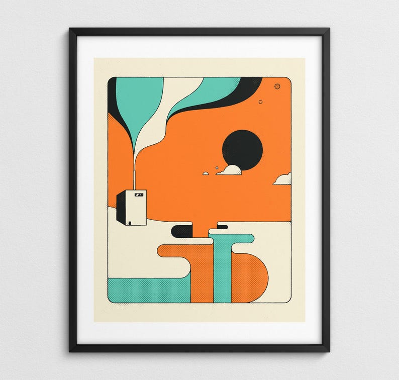 The image is a framed abstract art piece featuring a colorful, geometric design with various shapes and colors.