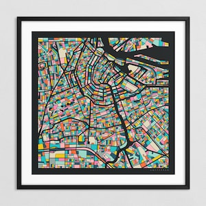 AMSTERDAM KARTE (Giclée Druck auf Papier oder Leinwand) Bunter Stadtplan Straßen Karte von Jazzberry Blue (Gerahmt oder Ungerahmt) Serie 3