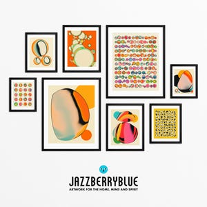The image is a gallery of abstract artworks, featuring various shapes, patterns, and colors. The artworks are displayed in a grid format, with each piece framed and arranged in a visually appealing manner. The gallery is titled "Jazzberryblue" and emphasizes the artistic nature of the pieces, suggesting that they are meant to be appreciated for their creative expression rather than being described in detail.
