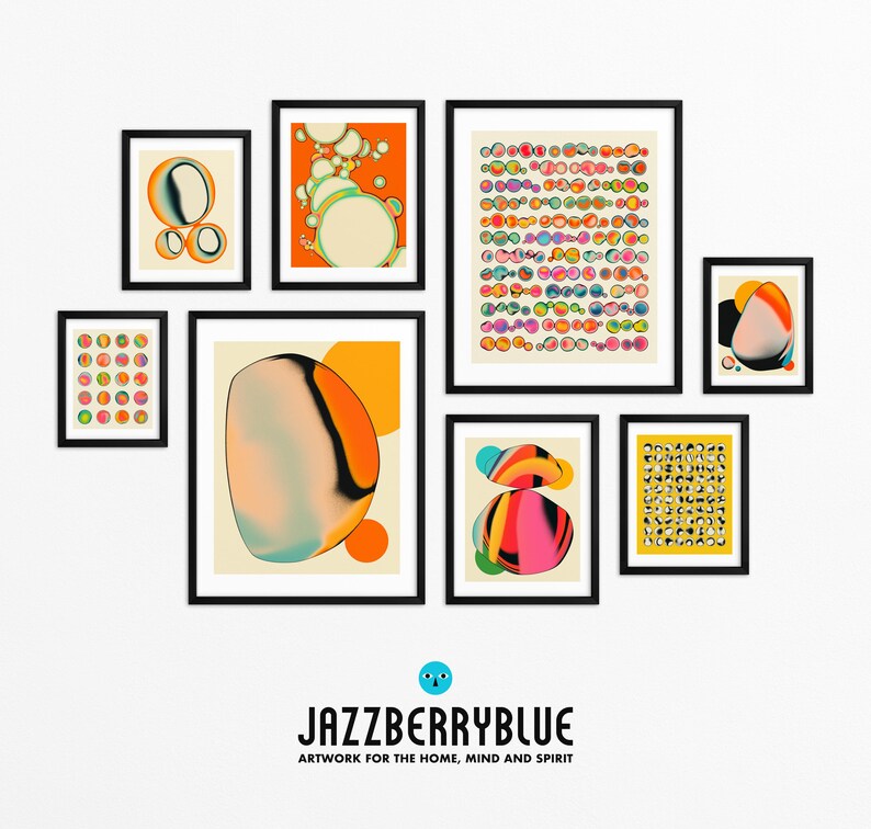 The image is a gallery of abstract artworks, featuring various shapes, patterns, and colors. The artworks are displayed in a grid format, with each piece framed and arranged in a visually appealing manner. The gallery is titled "Jazzberryblue" and emphasizes the artistic nature of the pieces, suggesting that they are meant to be appreciated for their creative expression rather than being described in detail.