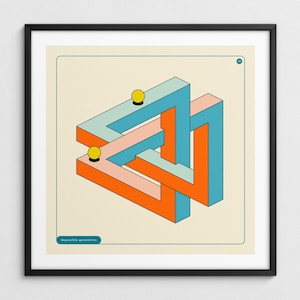 May include: Geometric art print featuring an impossible triangle illusion in orange, blue, and pink. Two yellow spheres are placed on the structure. The text "impossible geometries" is at the bottom.