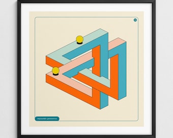 May include: Art print of an impossible triangle illusion in orange, blue, and pink. Two yellow spheres are placed on the structure. The text "impossible geometries" is at the bottom of the print.