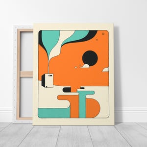 The image is a vibrant abstract artwork featuring a large black circle in the center, surrounded by a colorful geometric pattern in shades of orange, green, and blue.