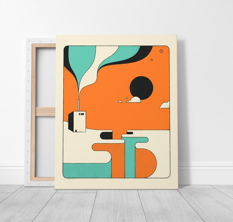 The image is a vibrant abstract artwork featuring a large black circle in the center, surrounded by a colorful geometric pattern in shades of orange, green, and blue.