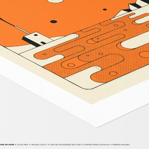 The image is a fine art print featuring a geometric abstract design in shades of orange and white.