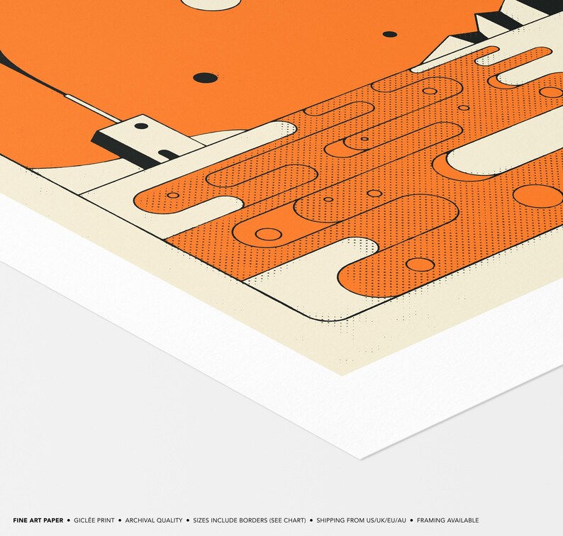 The image is a fine art print featuring a geometric abstract design in shades of orange and white.