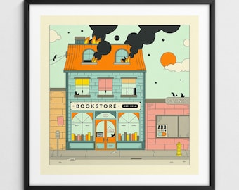 THE LAST BOOKSTORE, Retro Nostalgic Pop Art Illustration (Giclée Fine Art Print)