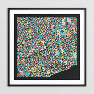 MAPA DE DETROIT (impresión artística Giclée sobre papel o lienzo) Mapa colorido de las calles de la ciudad de Jazzberry Blue (con o sin marco) Serie 3
