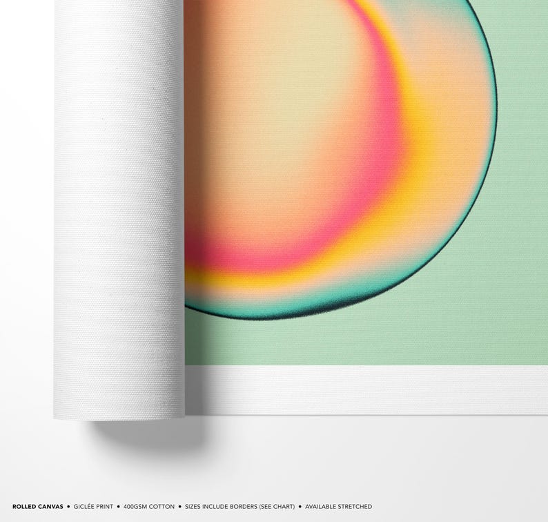 The image is a rolled canvas print featuring a vibrant abstract design with a gradient of colors, including shades of orange, pink, and green.