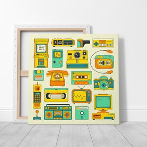 The image is a collage of various vintage electronic devices and appliances, including a telephone, camera, radio, television, and other nostalgic items, all depicted in a colorful and stylized manner.