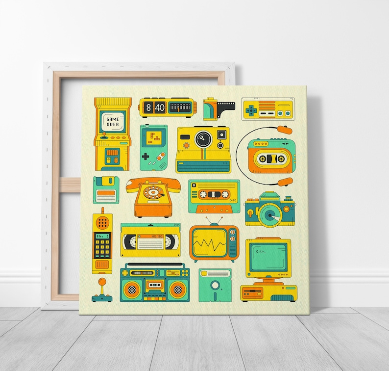 The image is a collage of various vintage electronic devices and appliances, including a telephone, camera, radio, television, and other nostalgic items, all depicted in a colorful and stylized manner.