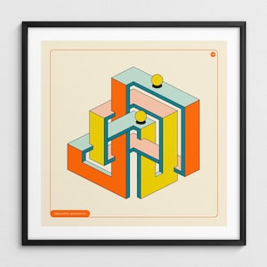 Könnte beinhalten: Geometrischer Kunstdruck mit einer unmöglichen Struktur in Orange, Gelb, Hellblau und Rosa. Zwei gelbe Kugeln befinden sich auf der Oberseite der Struktur. Der Druck ist in einem schwarzen Rahmen gerahmt und trägt den Text "impossible geometries".