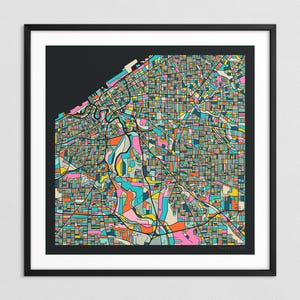 CLEVELAND KARTE (Giclée Kunstdruck auf Papier oder Leinwand) Bunter Stadtplan Straßen Karte von Jazzberry Blue (Gerahmt oder Ungerahmt) Serie 3