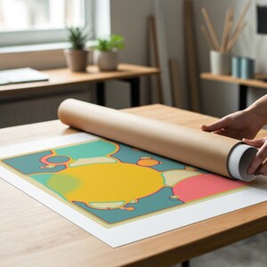 A person is rolling up a large roll of paper to print a colorful abstract design on a wooden table.