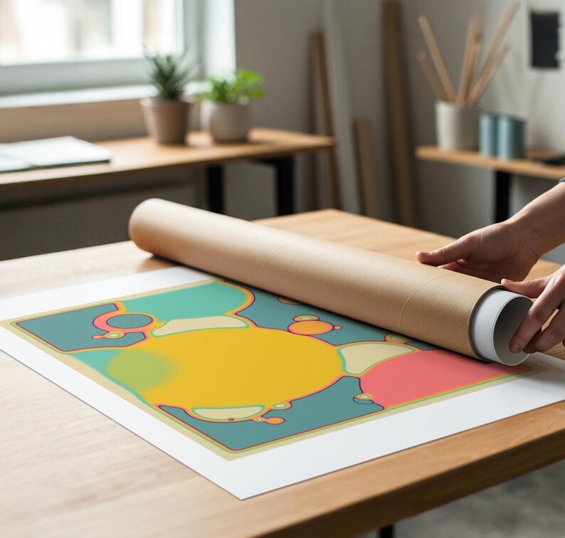 A person is rolling up a large roll of paper to print a colorful abstract design on a wooden table.