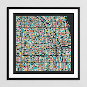 MAPA DE CHICAGO (impresión artística Giclée sobre papel o lienzo) Mapa colorido de las calles de la ciudad de Jazzberry Blue (con o sin marco) Serie 3