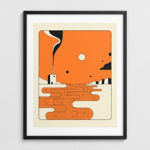 The image is a framed illustration depicting a stylized landscape with a building, clouds, and a sunset.