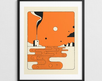 ORANGE RIVER, Minimalist Modern-Retro Landscape Illustration (Giclée Fine Art Print)