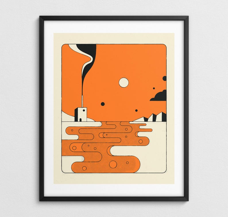 The image is a framed illustration depicting a stylized landscape with a building, clouds, and a sunset.