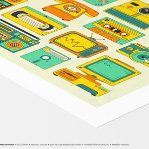 The image is a collage of various colorful and stylized illustrations of electronic devices and appliances, including a telephone, radio, camera, and other items.