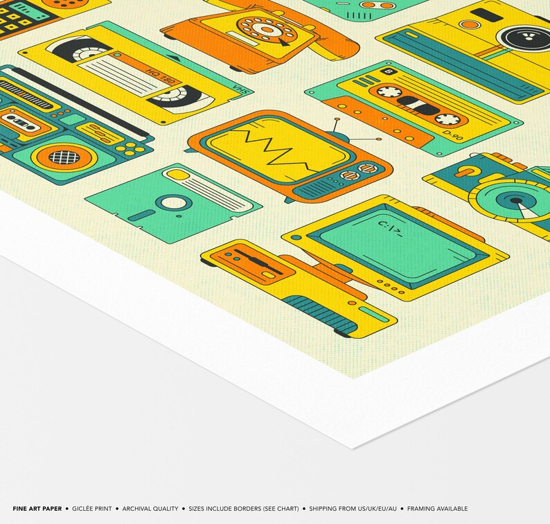 The image is a collage of various colorful and stylized illustrations of electronic devices and appliances, including a telephone, radio, camera, and other items.