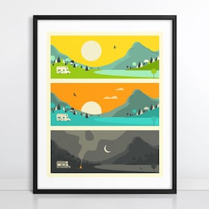 CAMPFIRE (Giclée Fine Art Druck auf Papier oder Leinwand) Buntes RV Reise Poster Pop Art von Jazzberry Blue (Gerahmt oder Ungerahmt)