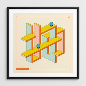 Könnte beinhalten: Geometrischer Kunstdruck mit einer unmöglichen Struktur in Gelb, Orange, Rosa und Hellblau. Zwei blaue Kugeln sind auf den gelben Plattformen platziert. Der Text "impossible geometries" befindet sich unten.