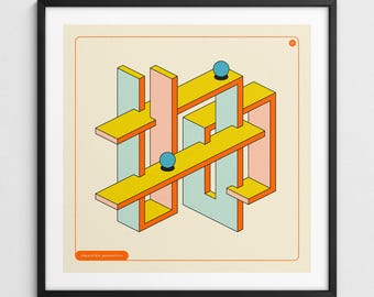 Op de afbeelding: Geometrische kunstprint met een onmogelijke structuur in geel, oranje, roze en lichtblauw. Twee blauwe bollen zijn op de gele platforms geplaatst. De tekst "impossible geometries" staat onderaan.