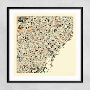 BARCELONA KARTE (Giclée Fine Art Druck auf Papier oder Leinwand) Minimalistischer Stadtplan von Jazzberry Blue (Gerahmt oder Ungerahmt) Serie 1