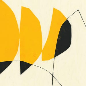 The image is an abstract artwork consisting of bold geometric shapes in yellow and black, including circles, triangles, and rectangles, arranged in a minimalist and modern style.
