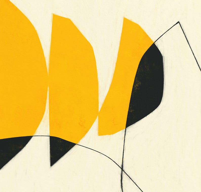 The image is an abstract artwork consisting of bold geometric shapes in yellow and black, including circles, triangles, and rectangles, arranged in a minimalist and modern style.