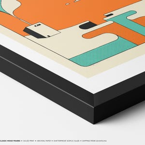 The image is a framed artwork featuring abstract geometric shapes in various colors, including orange, green, and blue, arranged in a minimalist and modern style.