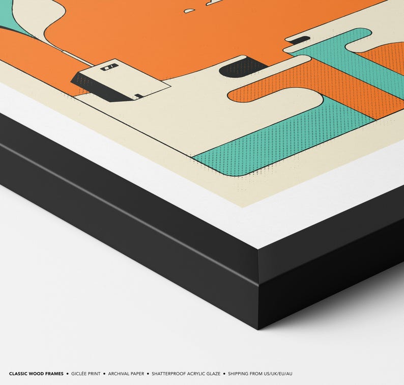 The image is a framed artwork featuring abstract geometric shapes in various colors, including orange, green, and blue, arranged in a minimalist and modern style.
