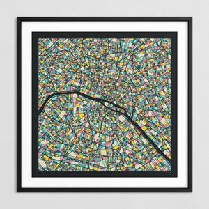 PARIS KARTE (Giclée Fine Art Druck auf Papier oder Leinwand) Bunte Straßen Karte von Jazzberry Blue (Gerahmt oder Ungerahmt) Serie 3