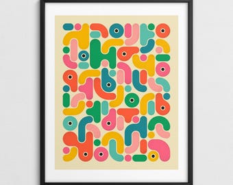 Geometrisch abstracte muurkunst, kleurrijk modern retro decor (giclée-kunstdruk) GEOMETRIE 8