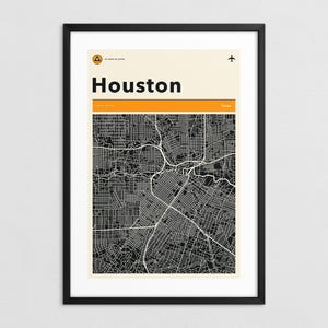 HOUSTON MAP (Giclée Fine Art Print on Paper or Canvas) Retro Minimalist City Street Map (Framed or Unframed)