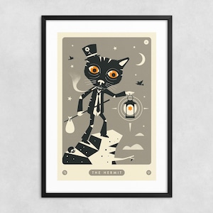 TAROT CARD CAT: O Eremita (Giclée Fine Art Prints e Rolled Canvas) Arte Pop Oculta Mística por Jazzberry Blue (Sem Moldura ou Emoldurado)