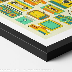The image is a framed collage of various colorful and stylized illustrations of electronic devices and appliances, including a boombox, radio, camera, and other objects.