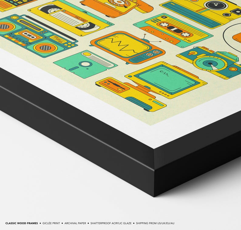 The image is a framed collage of various colorful and stylized illustrations of electronic devices and appliances, including a boombox, radio, camera, and other objects.