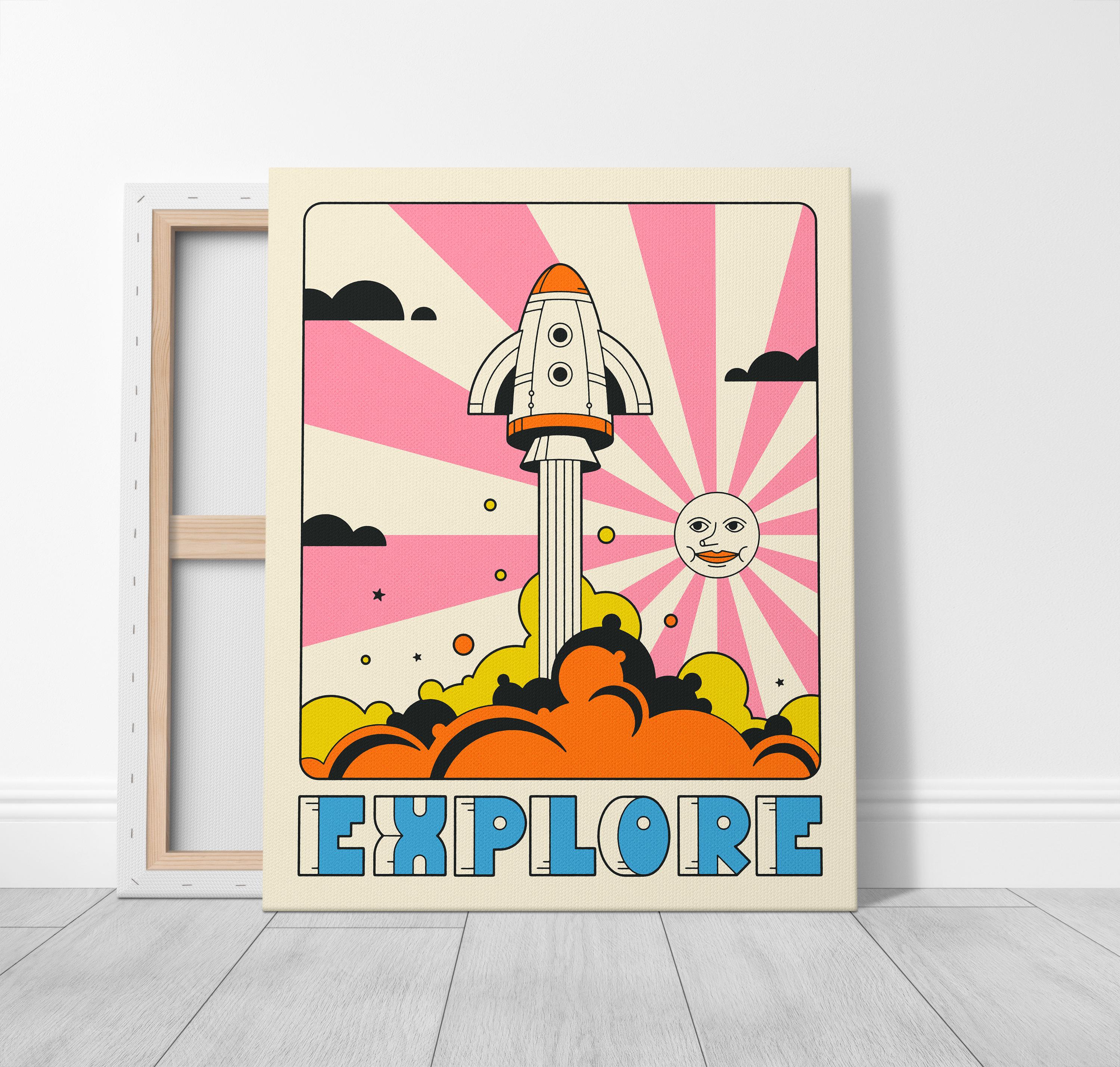 Colorful Retro Space Travel Poster, Rocketship Pop Art (giclée