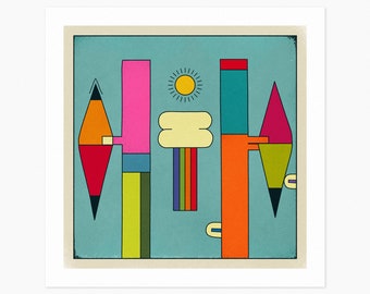 SUNDAY (Giclée Fine Art Prints & Rolled Canvas) Colorful Retro Geometric Illustration (10x10 12x12 16x16 24x24 28x28 30x30) Unframed