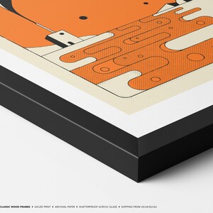 The image is a framed artwork featuring an abstract design with orange and white shapes and lines.
