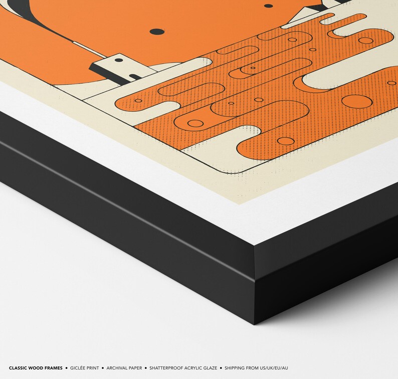 The image is a framed artwork featuring an abstract design with orange and white shapes and lines.